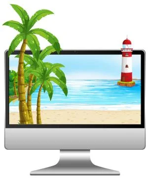 Computer on the table with beach on screen Stock Illustration