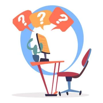 Computer on Table, Bubbles with Question Marks Stock-Illustration