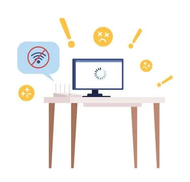 Computer on table with failed internet connection semi flat color vector objects Stock Illustration