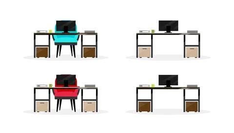 Computer table flat color vector objects set Stock Illustration