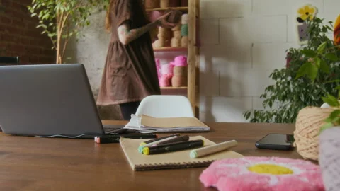 Computer on Table in Rug Tufting Studio Stock Footage 316494088