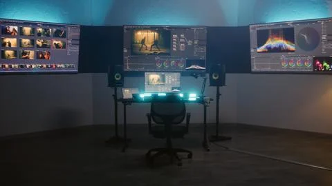 Computer, tablet and big screens with color grading program interface Stock Photos