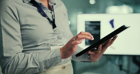 Computer, tablet and hands of woman with coding, prosthetic innovation and ai Stock Footage 283661525