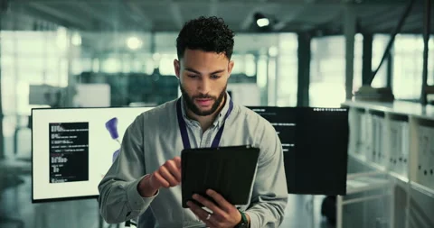 Computer, tablet and man with artificial limb for coding innovation, ai research Stock Footage 283594600