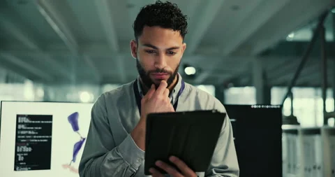 Computer, tablet and man with artificial limb for research, innovation and ai Stock Footage 283661584