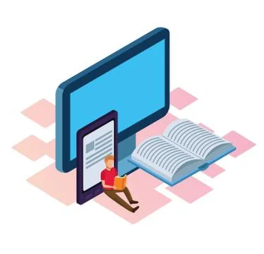 Computer, tablet and man reading a book, colorful design Stock Illustration
