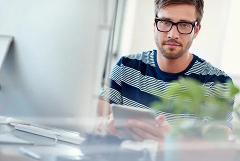 Computer, tablet and portrait of man with creative planning, research and web Foto stock