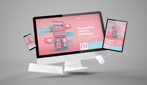 Computer, tablet and smartphone gravity showing online marketing responsive w Illustrazione stock