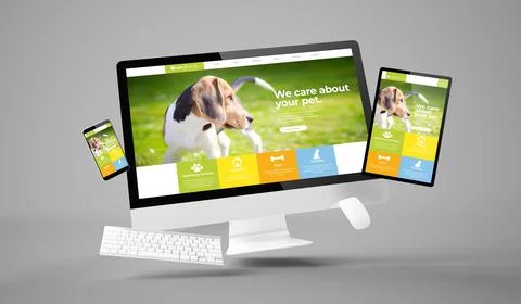 Computer, tablet and smartphone gravity showing pet care responsive website Illustrazione stock