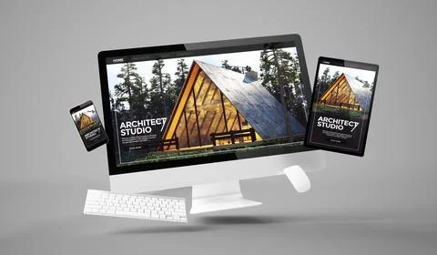 Computer, tablet and smartphone gravity showing architect studio responsive w Stock Illustration