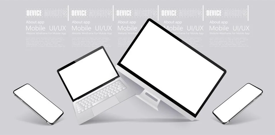 Computer, tablet and smartphone responsive with white screen. Mockups gadgets Illustrazione stock