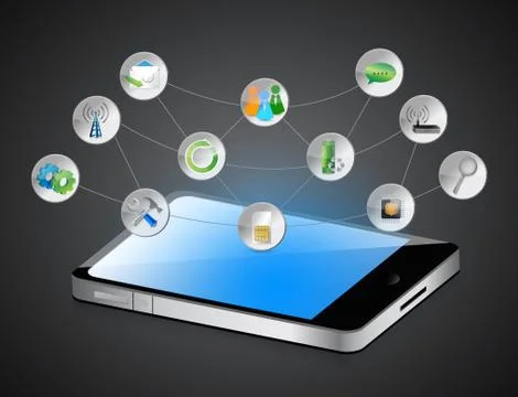 Computer tablet app symbols and its functions Stock Illustration