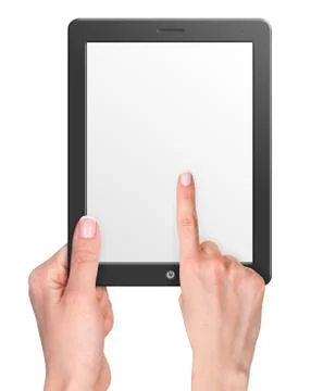 Computer tablet with blank screen and hands 写真素材