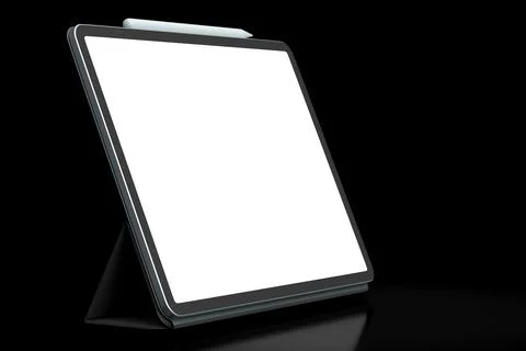 Computer tablet with blue cover case and pencil isolated on black background. Stock Illustration
