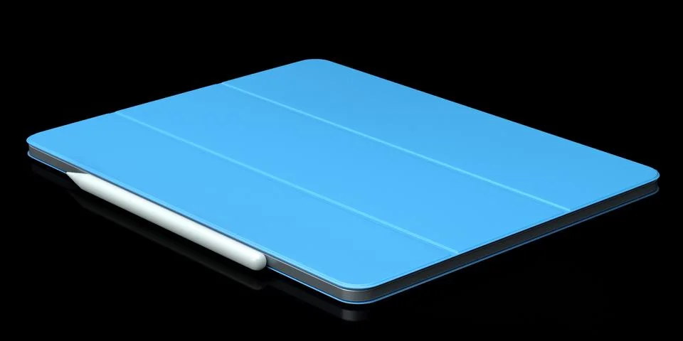 Computer tablet with blue cover case and pencil isolated on black background. Stock Illustration