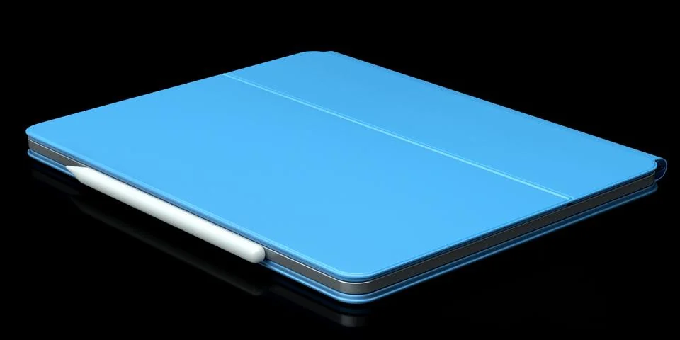 Computer tablet with blue cover case and pencil isolated on black background. Stock Illustration