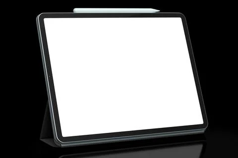 Computer tablet with blue cover case and pencil isolated on black background. Stock Illustration