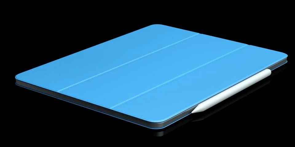Computer tablet with blue cover case and pencil isolated on black background. Stock Illustration