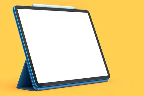 Computer tablet with blue cover case and pencil isolated on orange background. Stock Illustration