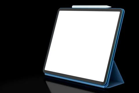 Computer tablet with blue cover case and pencil isolated on black background. Stock Illustration