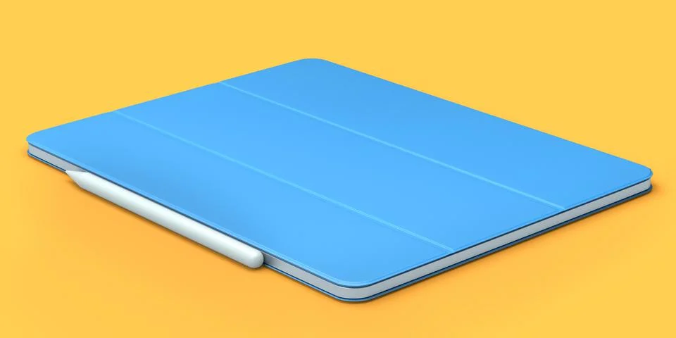 Computer tablet with blue cover case and pencil isolated on orange background Stock Illustration