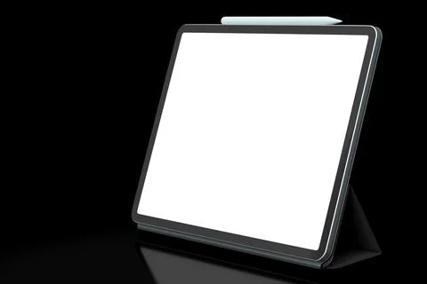 Computer tablet with blue cover case and pencil isolated on black background. Stock Illustration