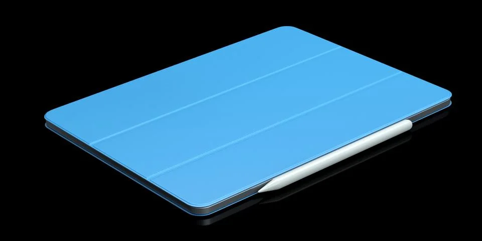 Computer tablet with blue cover case and pencil isolated on black background. Stock Illustration