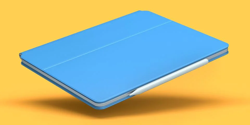 Computer tablet with blue cover case and pencil isolated on orange background Stock Photos