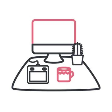 Computer with tablet coffee mug and cactus inside pot line style icon vector Stock Illustration