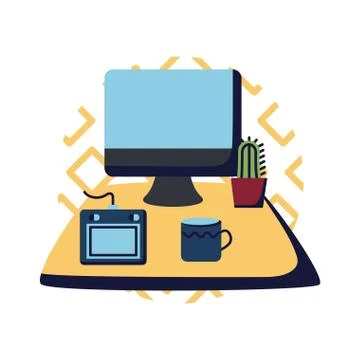 Computer with tablet coffee mug and cactus inside pot flat style icon vector Stock Illustration