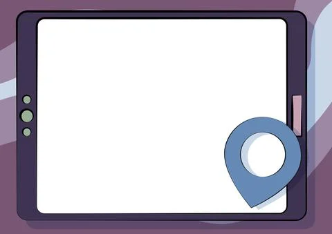 Computer Tablet Drawing With Clear Touchscreen And Location Pin. Portable Device Illustrazione stock