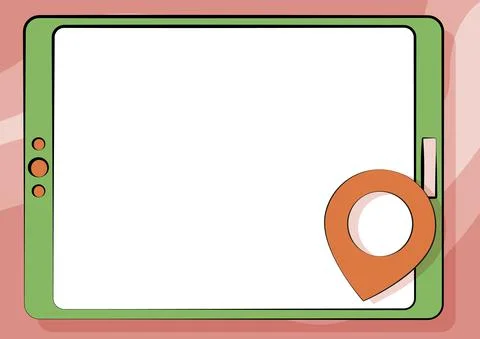 Computer Tablet Drawing With Clear Touchscreen And Location Pin. Portable Device Illustrazione stock