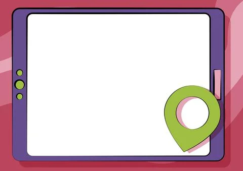 Computer Tablet Drawing With Clear Touchscreen And Location Pin. Portable Device Illustrazione stock