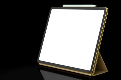 Computer tablet with gold cover case and pencil isolated on black background. Stock Illustration
