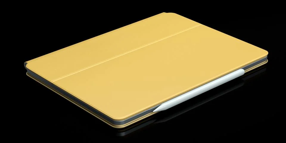 Computer tablet with gold cover case and pencil isolated on black background. Stock Illustration