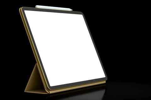 Computer tablet with gold cover case and pencil isolated on black background. Stock Illustration