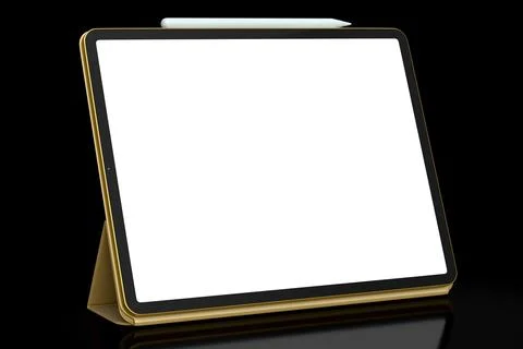 Computer tablet with gold cover case and pencil isolated on black background. Stock Illustration