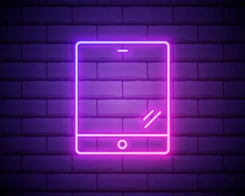 Computer tablet icon. Colourful pink neon icon at dark brick wall background. Stock Illustration
