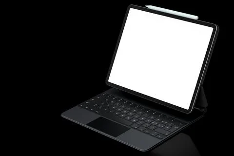 Computer tablet with keyboard and blank screen isolated on black background. Stock Illustration