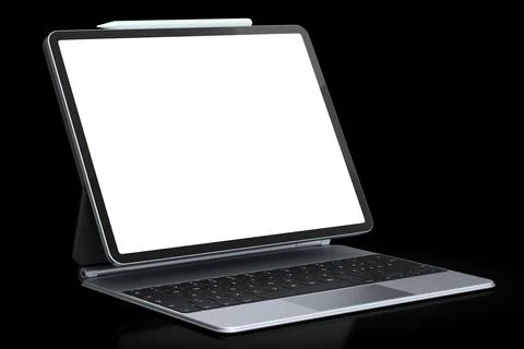 Computer tablet with keyboard and blank screen isolated on black background. Stock Illustration