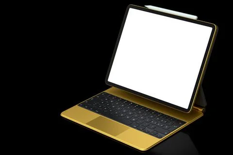 Computer tablet with keyboard and blank screen isolated on black background. Stock Illustration