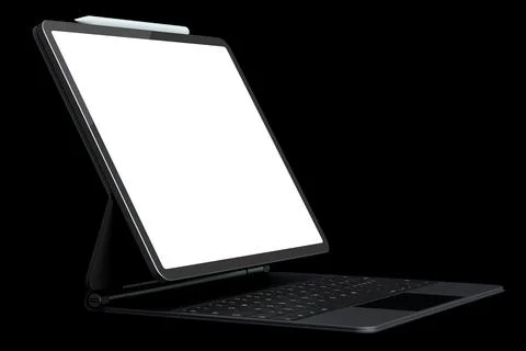Computer tablet with keyboard and blank screen isolated on black background. Stock Illustration
