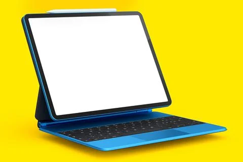 Computer tablet with keyboard and blank screen isolated on yellow background. Stock Illustration