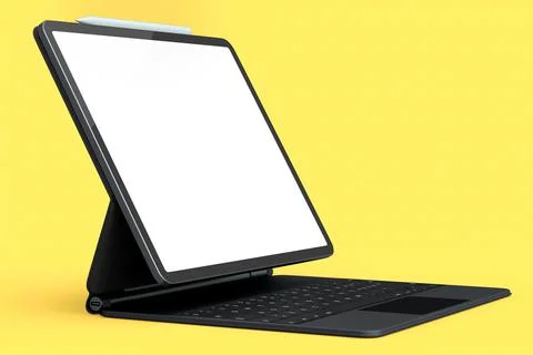 Computer tablet with keyboard and blank screen isolated on yellow background. Stock Illustration