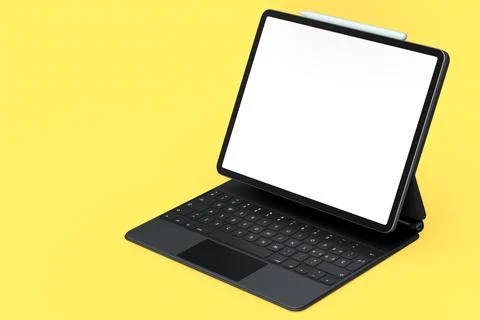 Computer tablet with keyboard and blank screen isolated on yellow background. Illustrazione stock