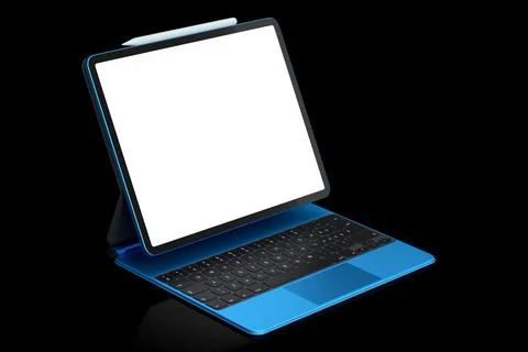 Computer tablet with keyboard and blank screen isolated on black background. Stock Photos