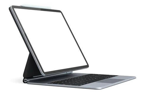 Computer tablet with keyboard and blank screen isolated on white background. Stock Photos