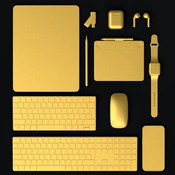 Computer tablet with keyboard, mouse and phone isolated on black background. Stock Illustration