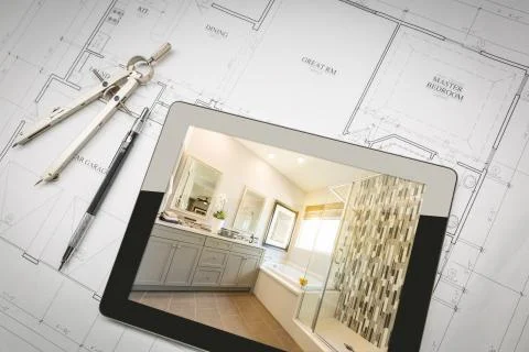 Computer Tablet with Master Bathroom Design Over House Plans, Pencil and Comp Stock Photos