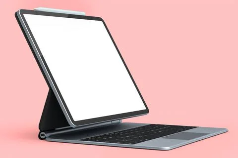 Computer tablet with silver keyboard isolated on pink background Stock Illustration